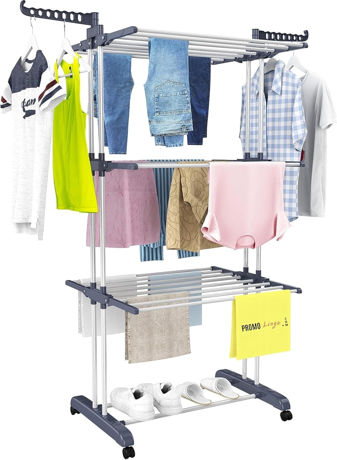 PROMO LINGE Paniers à linge étendoir 3 niveaux gris 170x64x126cm