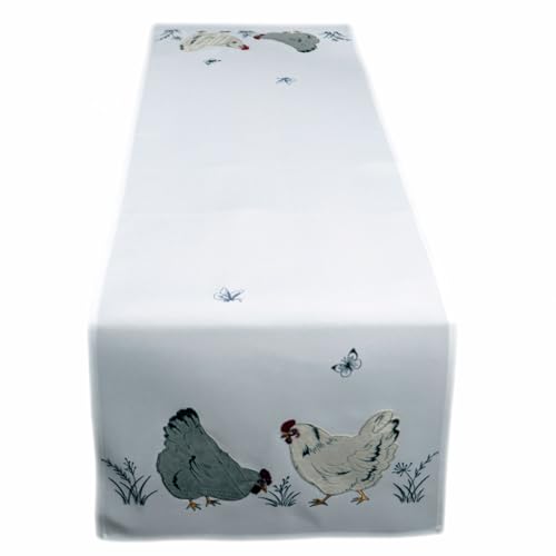 TEXPOT Tischläufer chemin de table poules brodé 40x140 cm