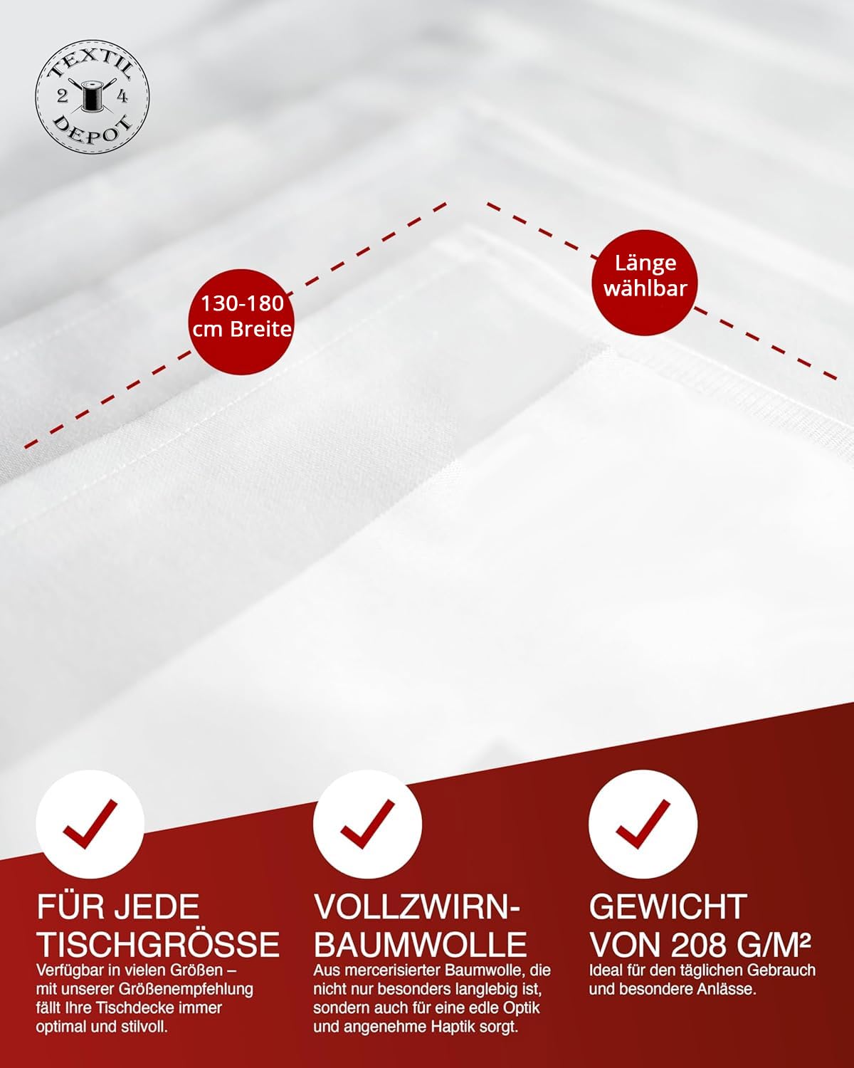 TEXPOT Meterware nappe 180x740 cm damassé blanc coton