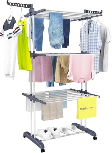 PROMO LINGE Paniers à linge étendoir 3 niveaux gris 170x64x126cm