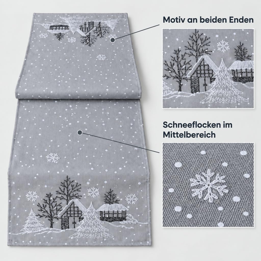 Texpot Tischläufer chemin de table Noël 85x40 cm gris village hiver