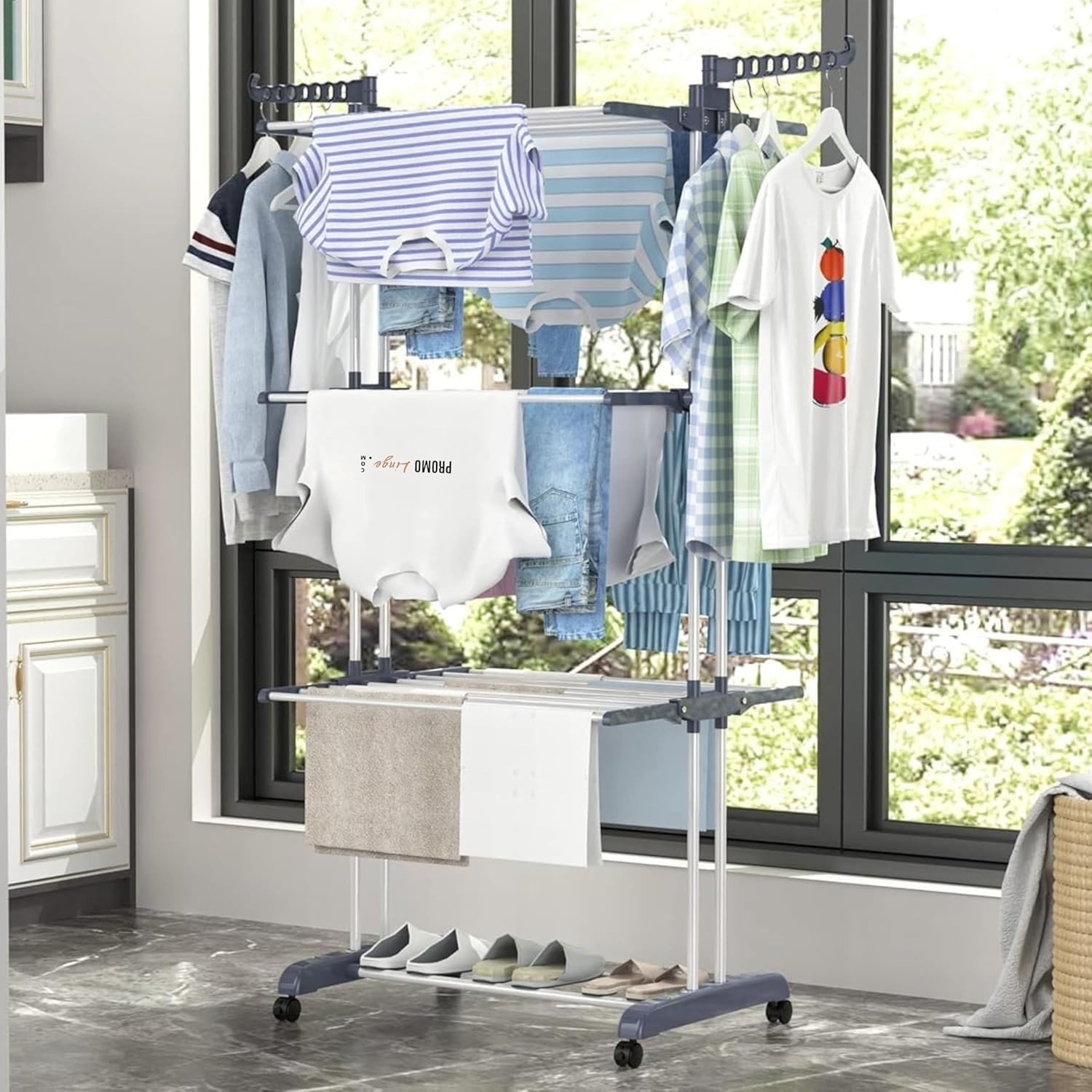 PROMO LINGE Paniers à linge étendoir 3 niveaux gris 170x64x126cm