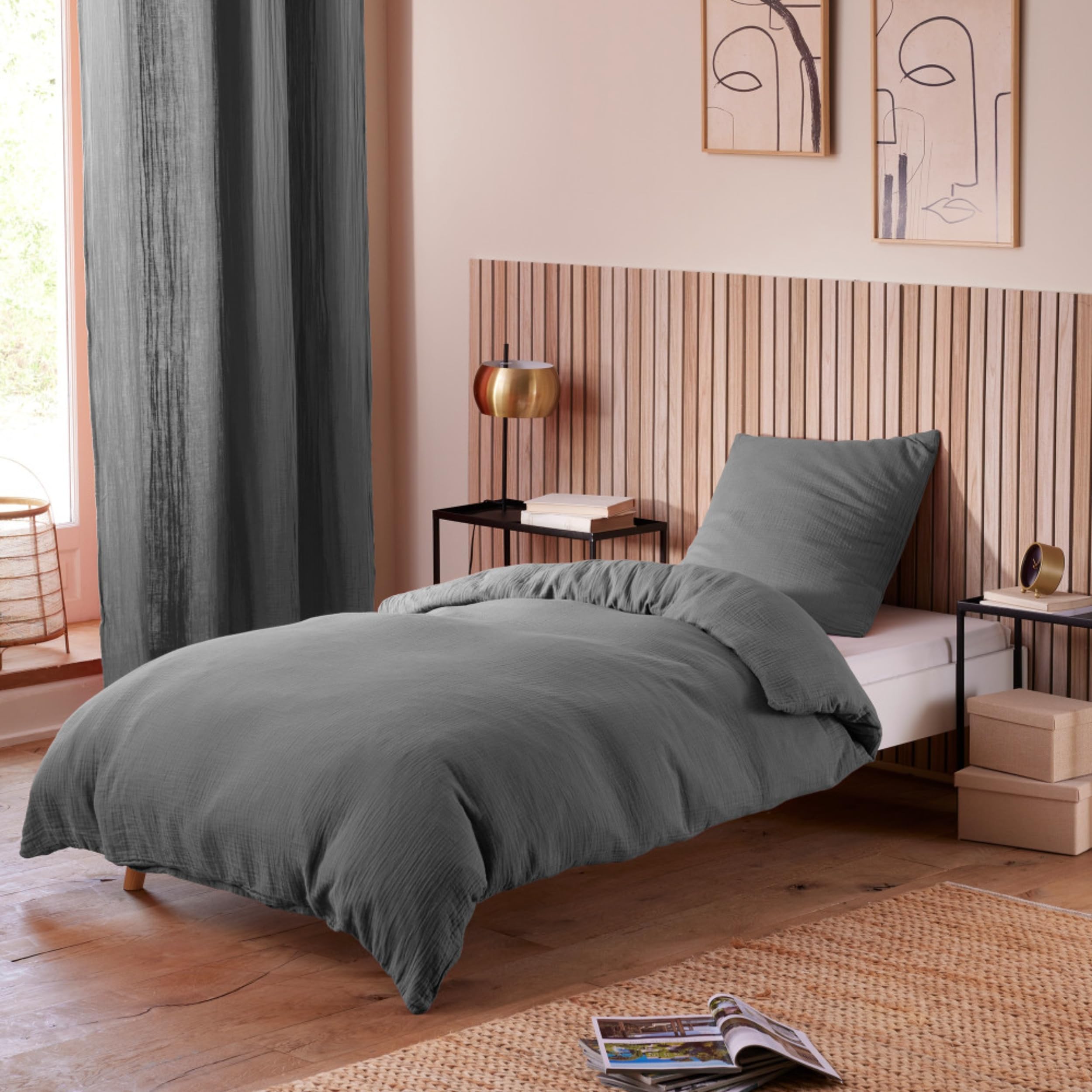 PROMO LINGE taies d'oreiller gaze coton anthracite 50x70 lot 2