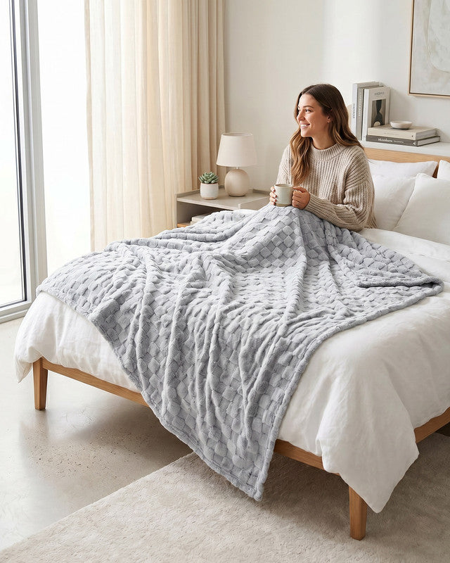 Utopia Bedding Checkered Plush Blanket plaid gris Queen