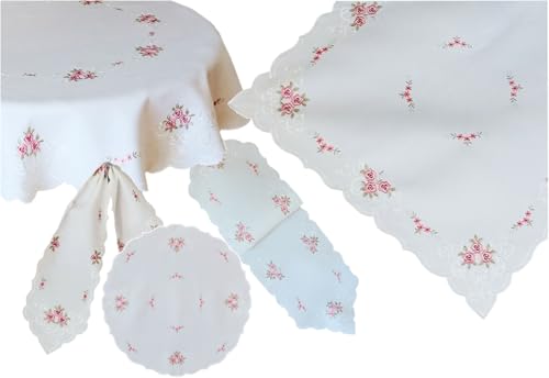 TEXPOT Tischdecken nappe roses brodées blanc bord feston