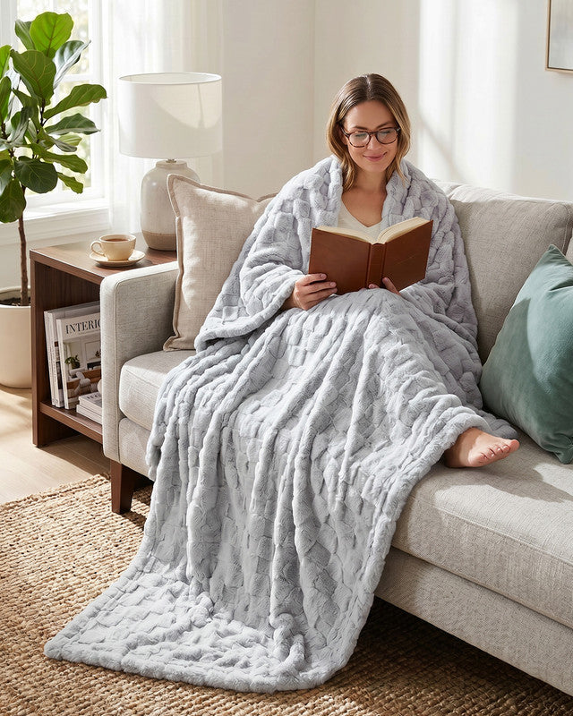Utopia Bedding Checkered Plush Blanket plaid gris Queen