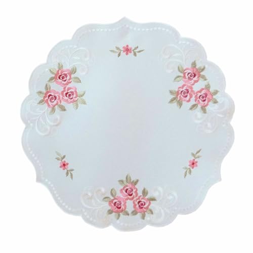 TEXPOT Tischdecken nappe roses brodées blanc bord arc