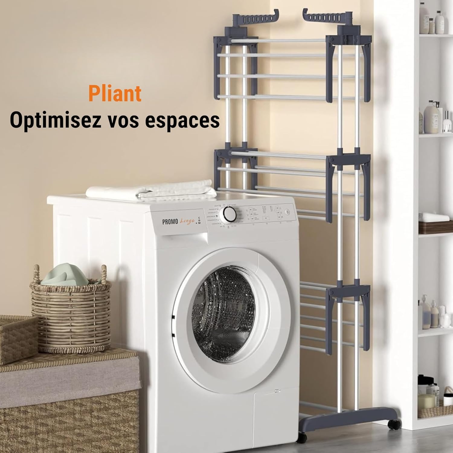 PROMO LINGE Paniers à linge étendoir 3 niveaux gris 170x64x126cm