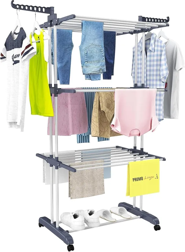 PROMO LINGE Paniers à linge étendoir 3 niveaux gris 170x64x126cm