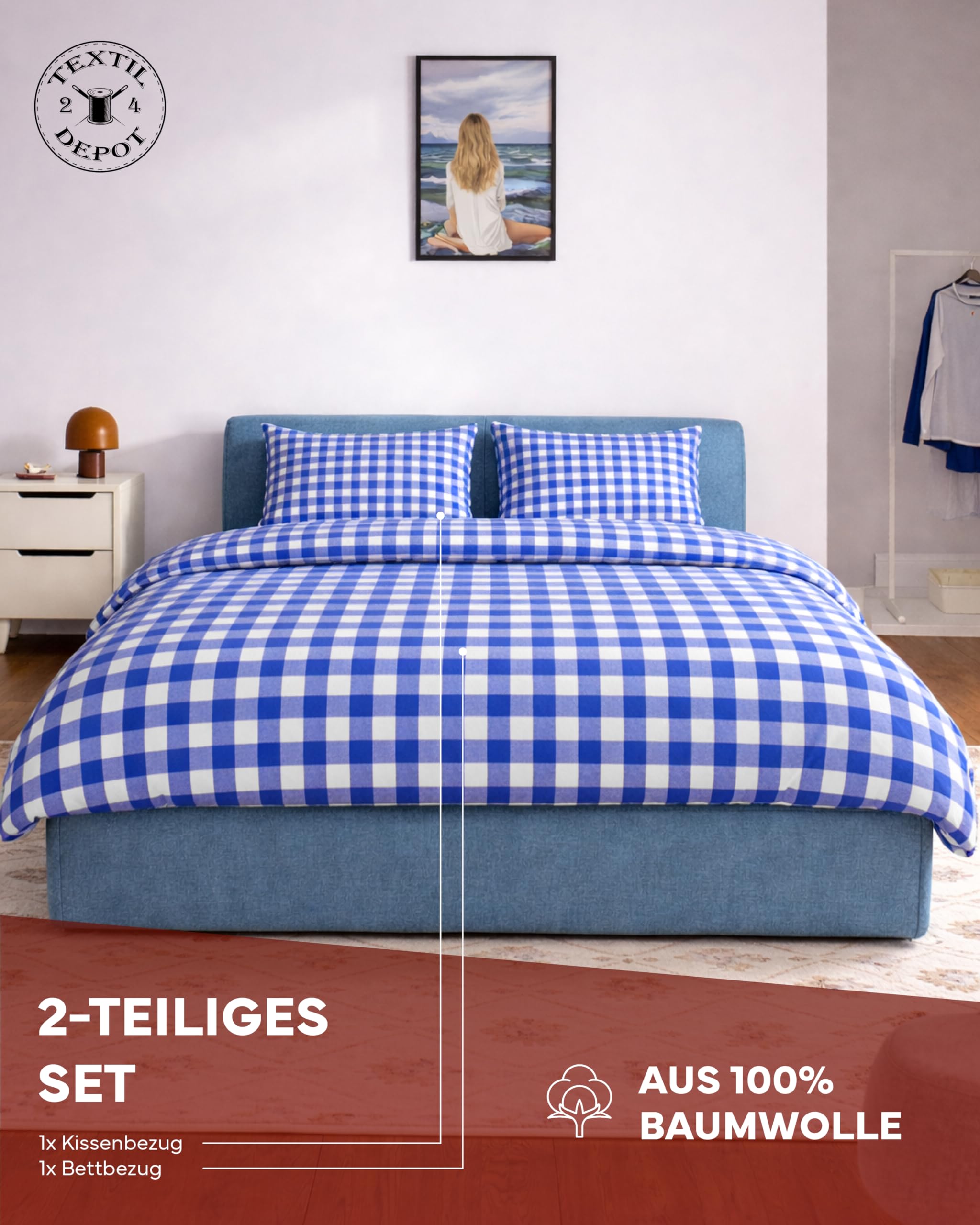 TEXPOT Bettwäsche parure lit 135x200 carreaux bleus coton