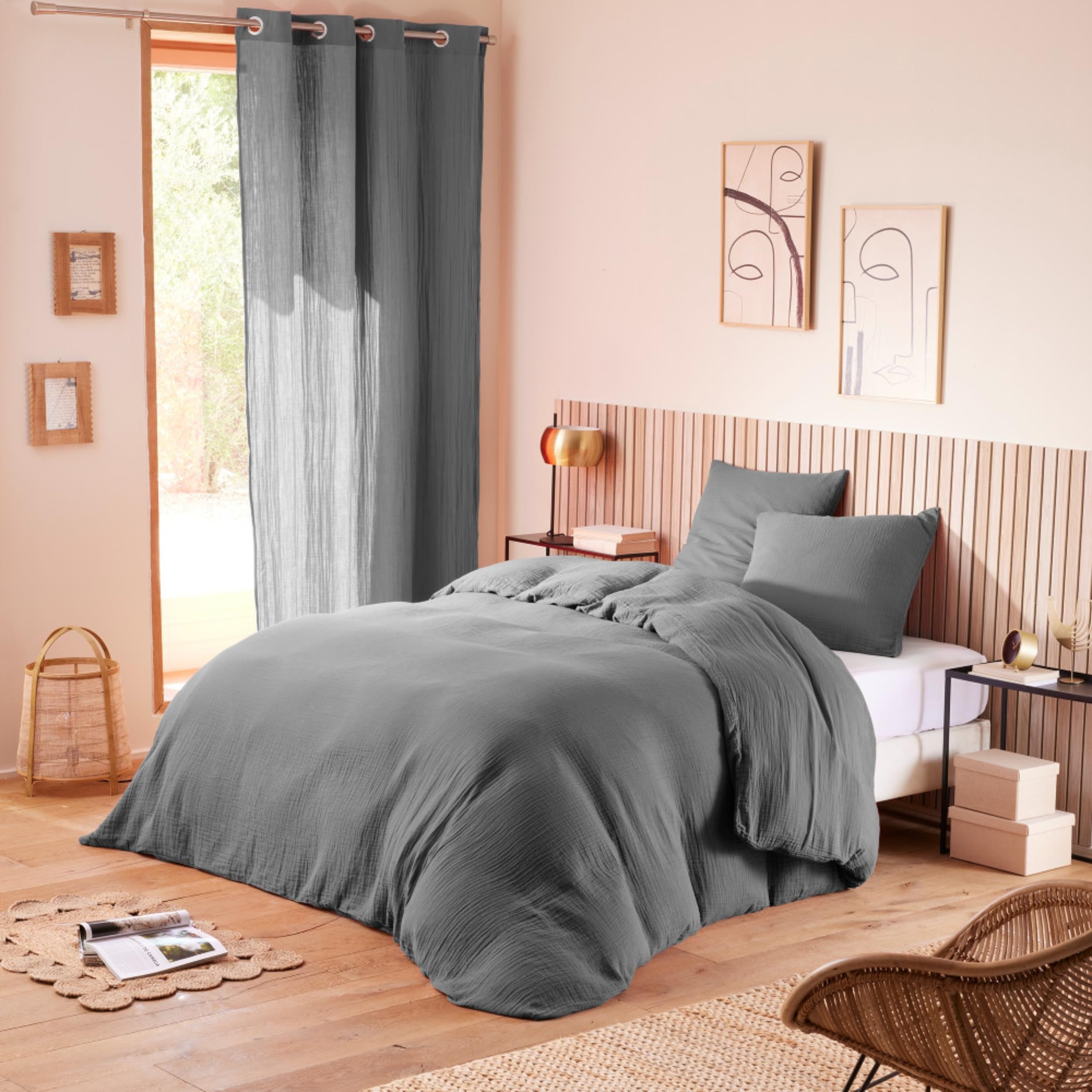 PROMO LINGE taies d'oreiller gaze coton anthracite 50x70 lot 2