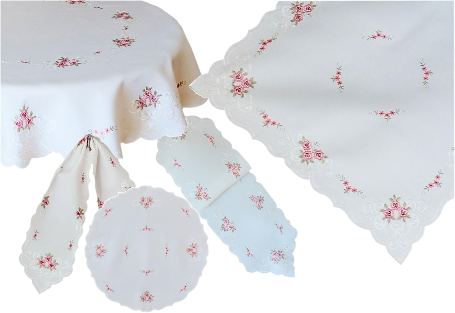 TEXPOT Tischdecken nappe roses brodées blanc bord feston