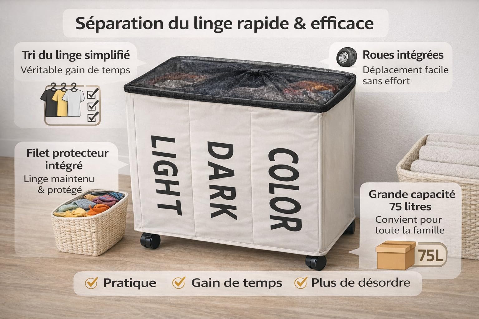 Promo Linge Paniers à Linge 75L Panier Blanc à Roues 34x54x53