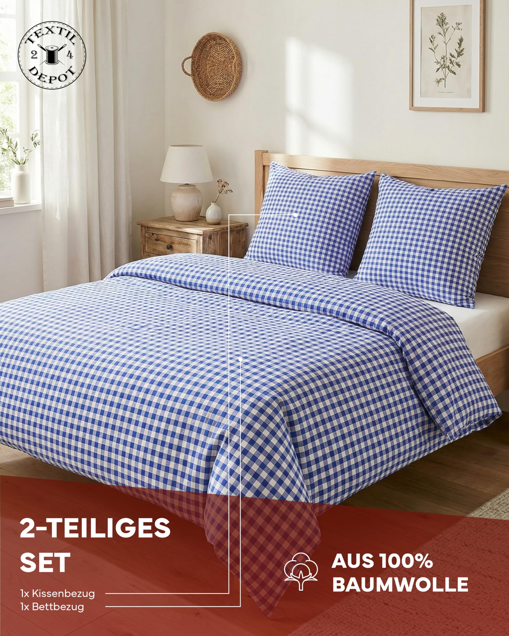 TEXPOT Bettwäsche parure 155x220 bleu carreaux coton