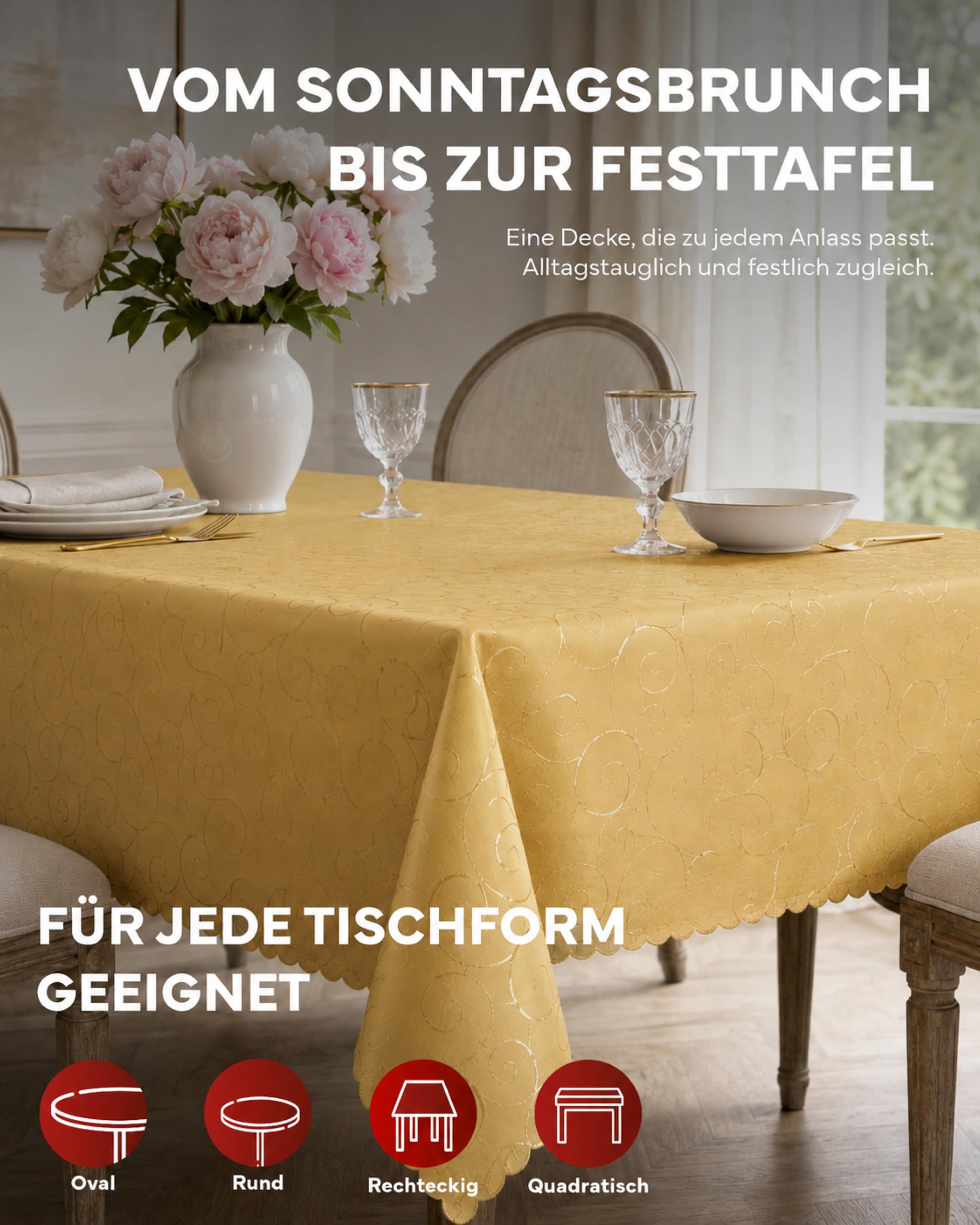 TEXPOT Ornament nappe ovale jaune 135x180 cm infroissable