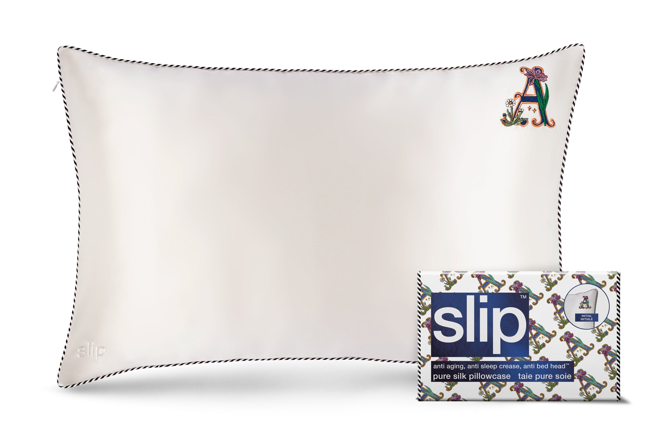 Slip Initial Queen taie oreiller soie blanche lettre