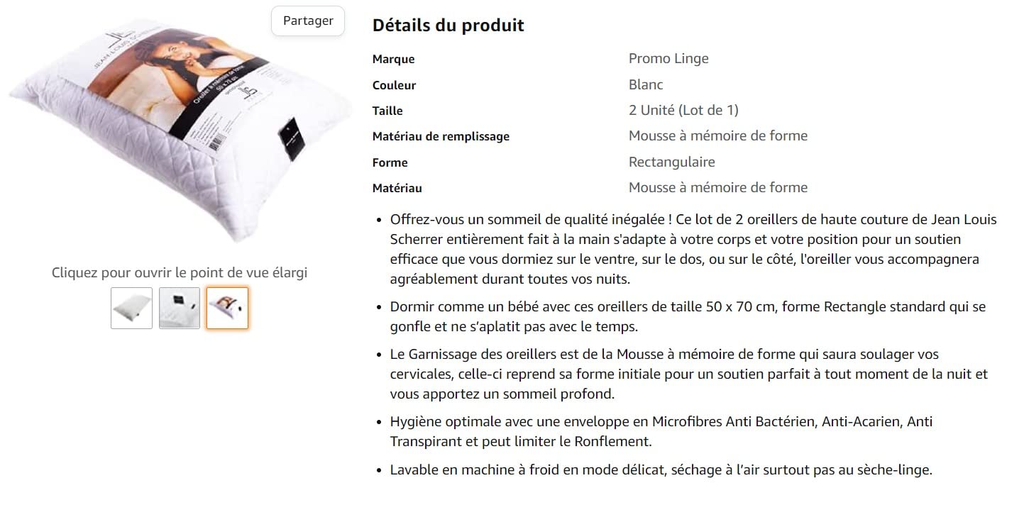 Promo Linge Oreillers mémoire forme 50x70 lot 2 cervicales
