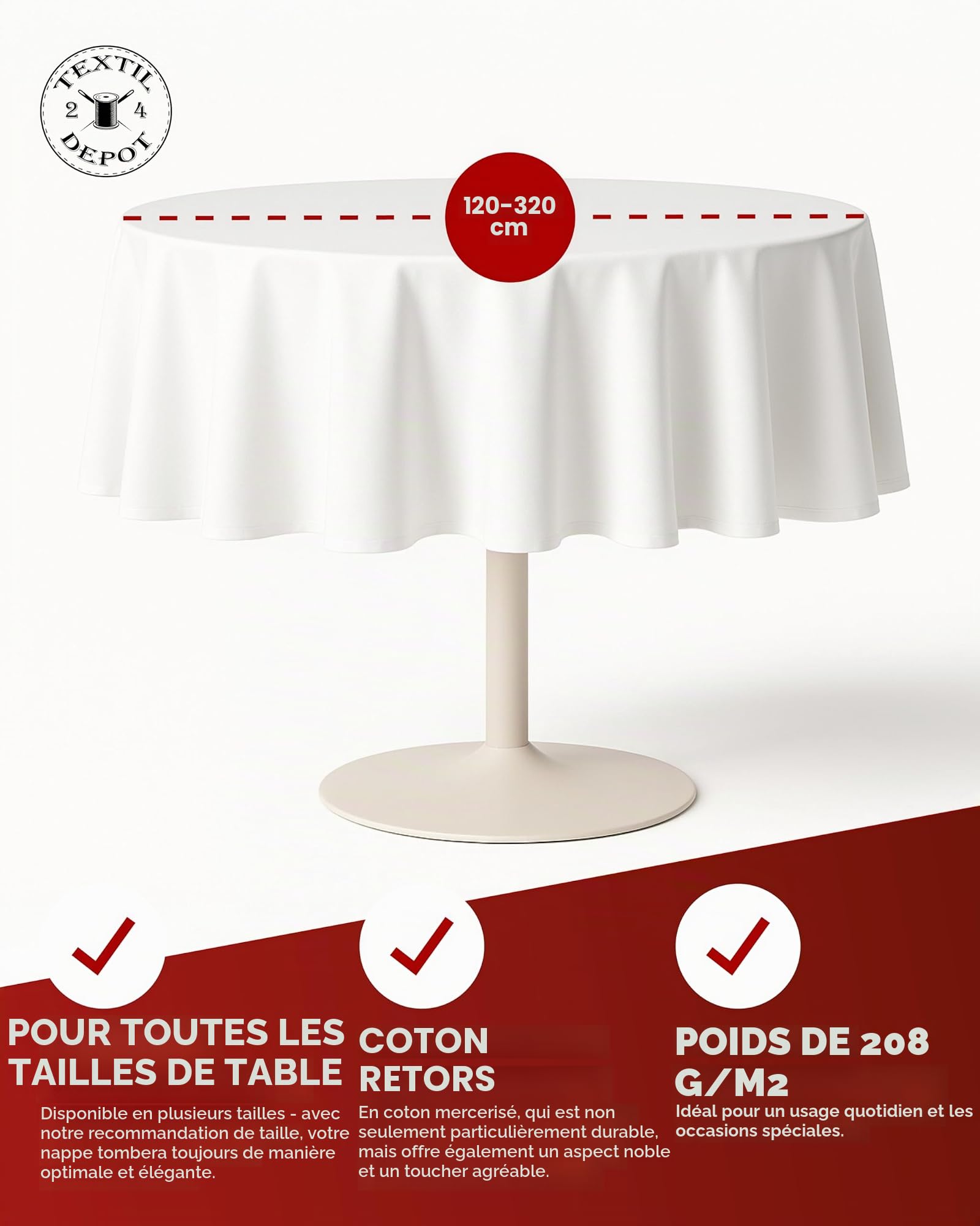 Texpot Tischdecken Nappe Ronde 200 cm Blanc Coton