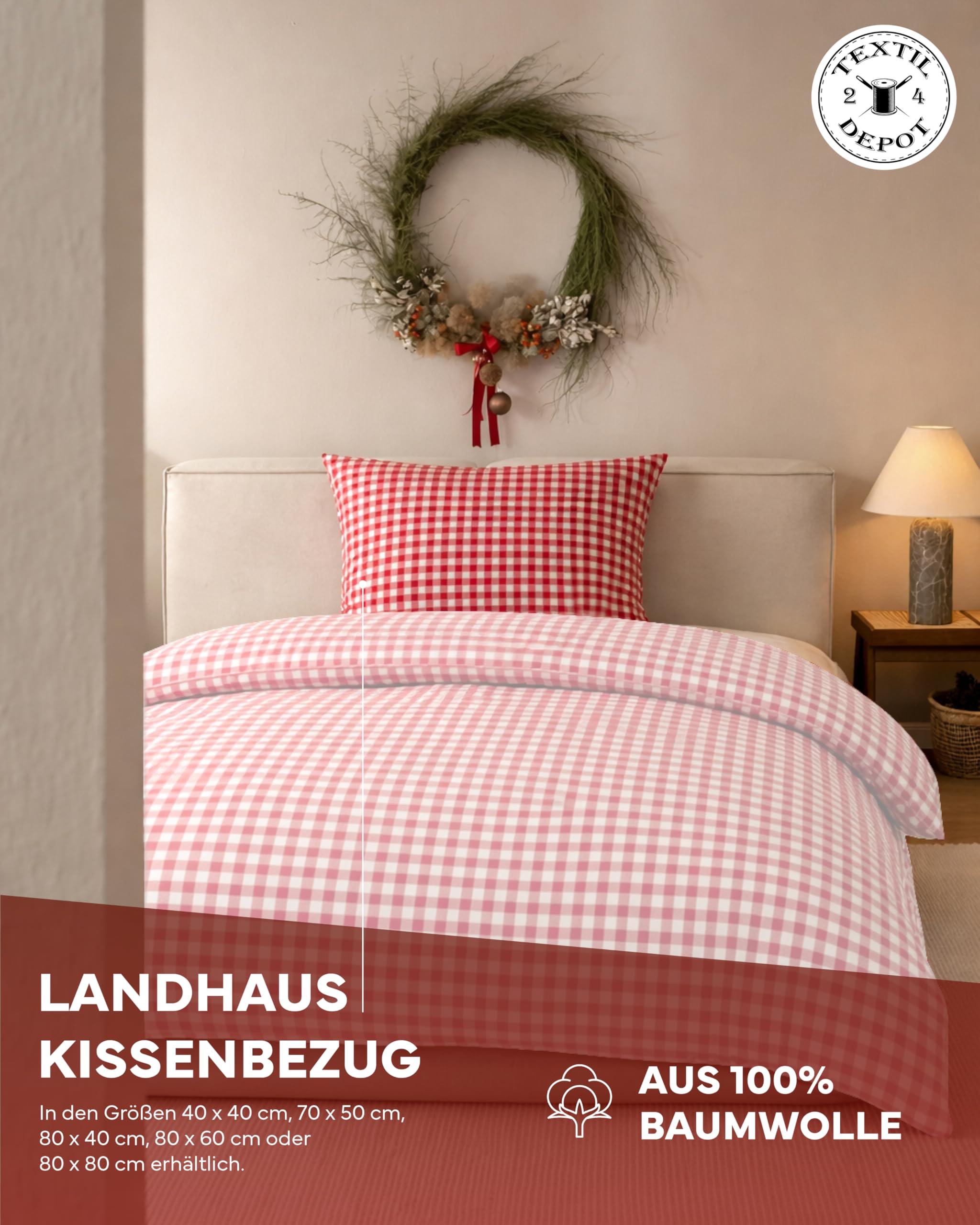 Texpot Kissenhüllen Taie d'oreiller 40x40 carreaux rouge coton