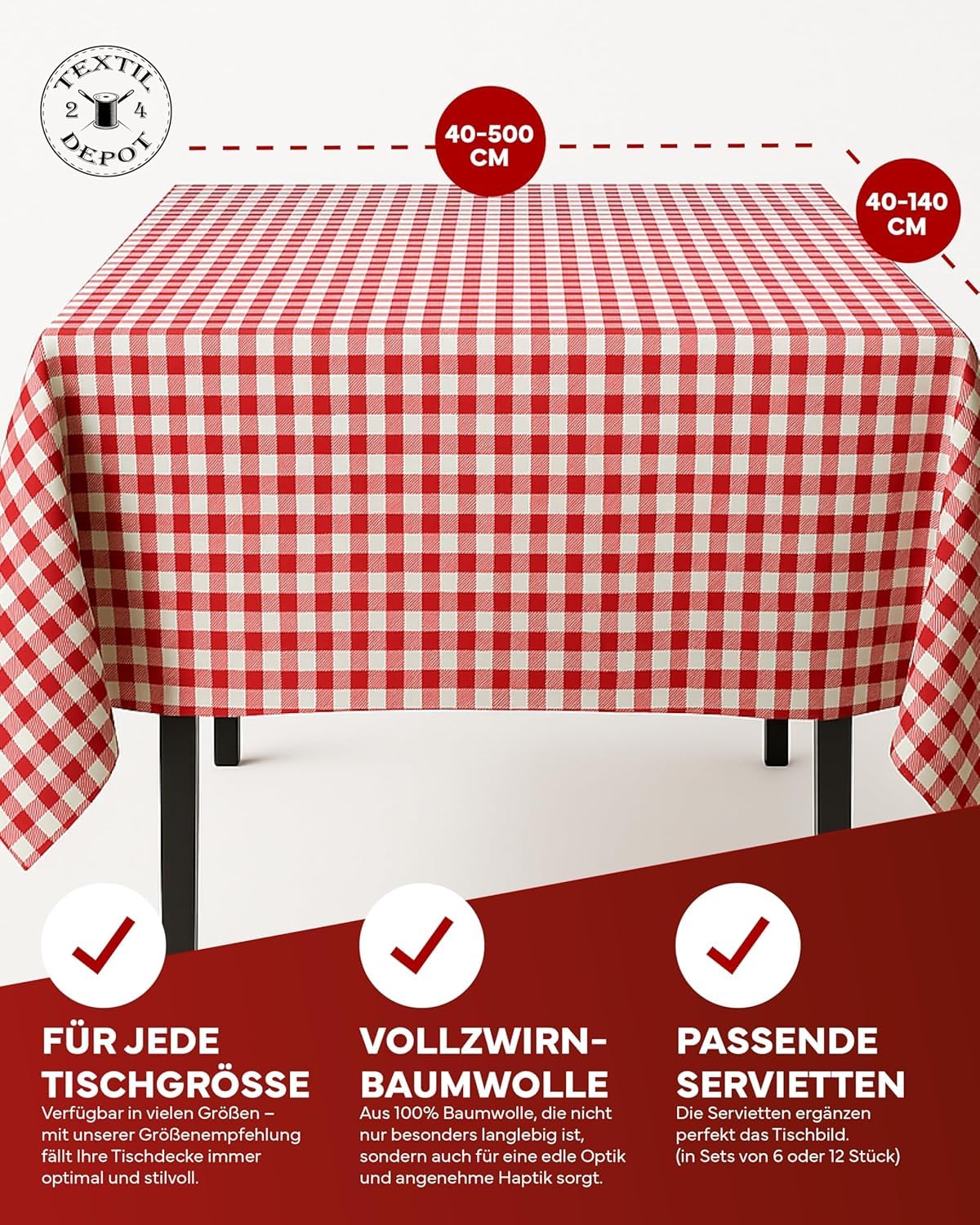 TEXPOT Servietten serviette 60x60 lot 6 carreaux rouges coton