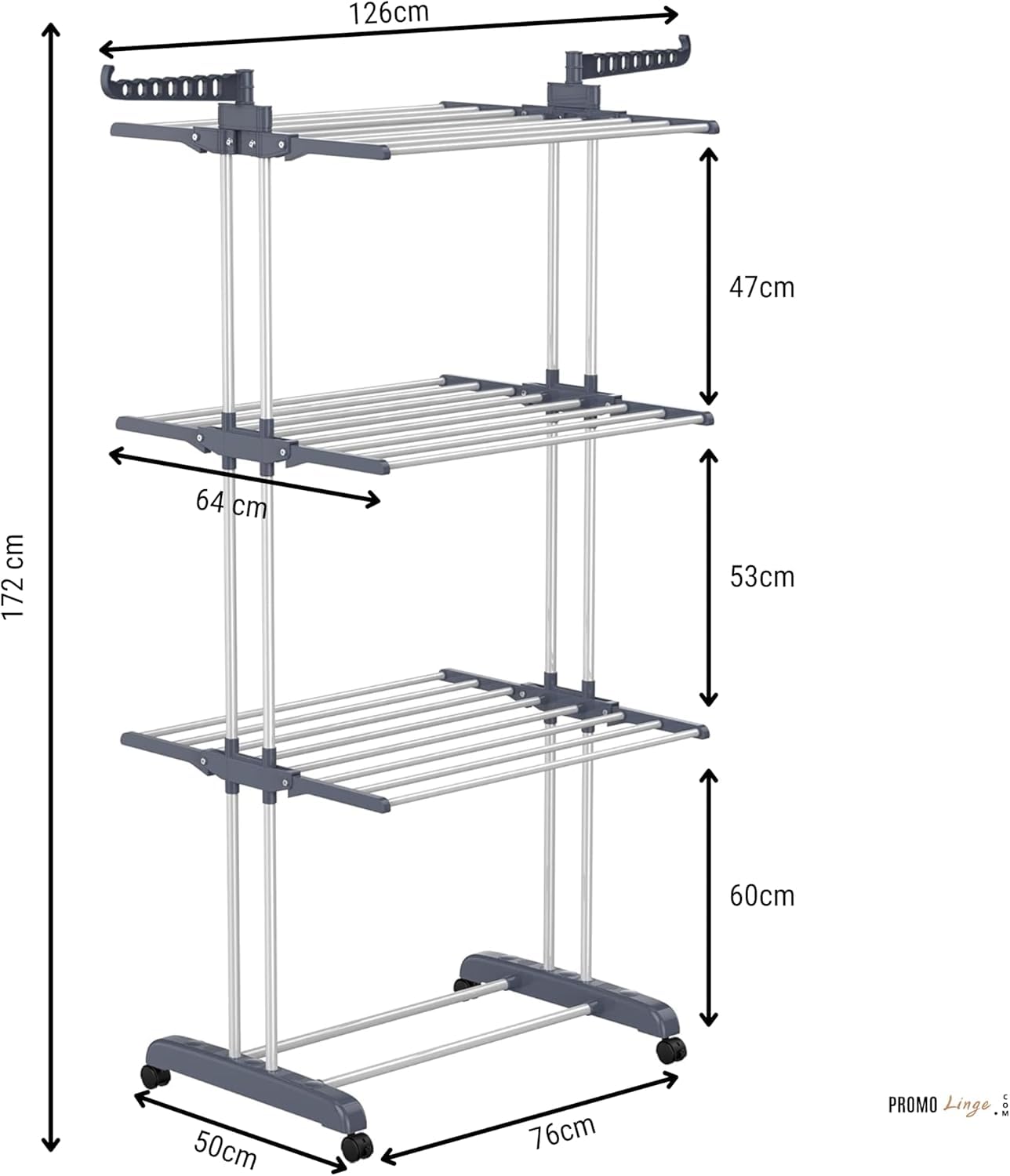 PROMO LINGE Paniers à linge étendoir 3 niveaux gris 170x64x126cm