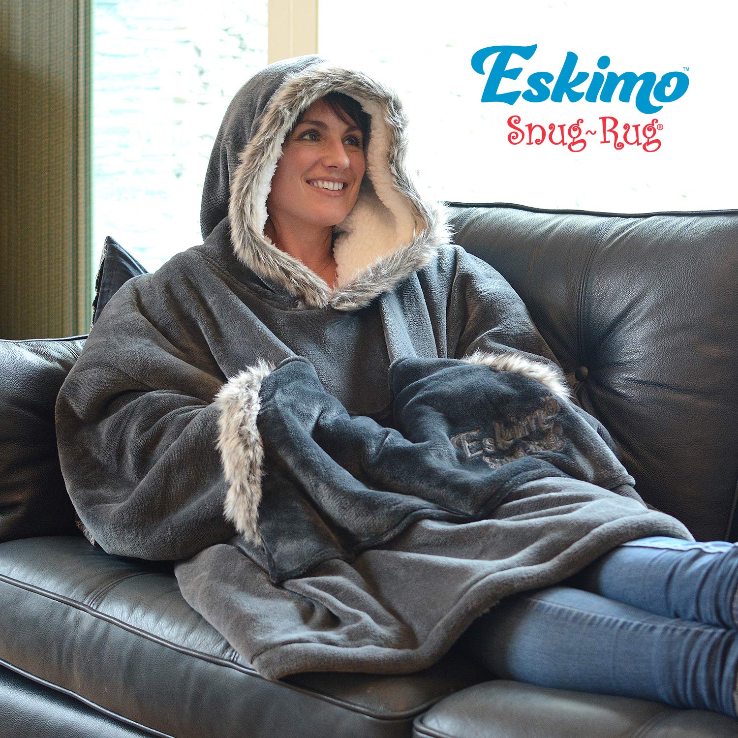 Snug-Rug Eskimo Hoodie Blanket plaid à capuche gris sherpa