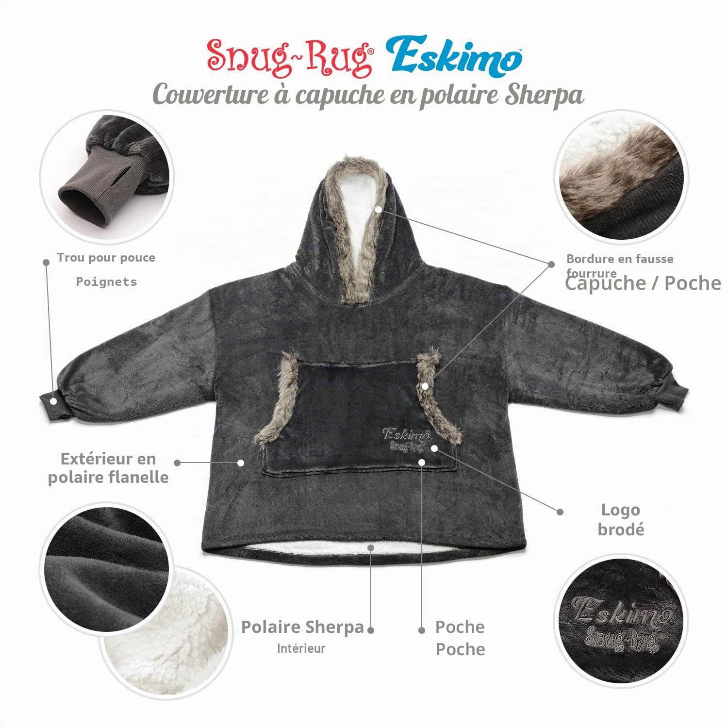 Snug-Rug Eskimo Hoodie Blanket plaid à capuche gris sherpa