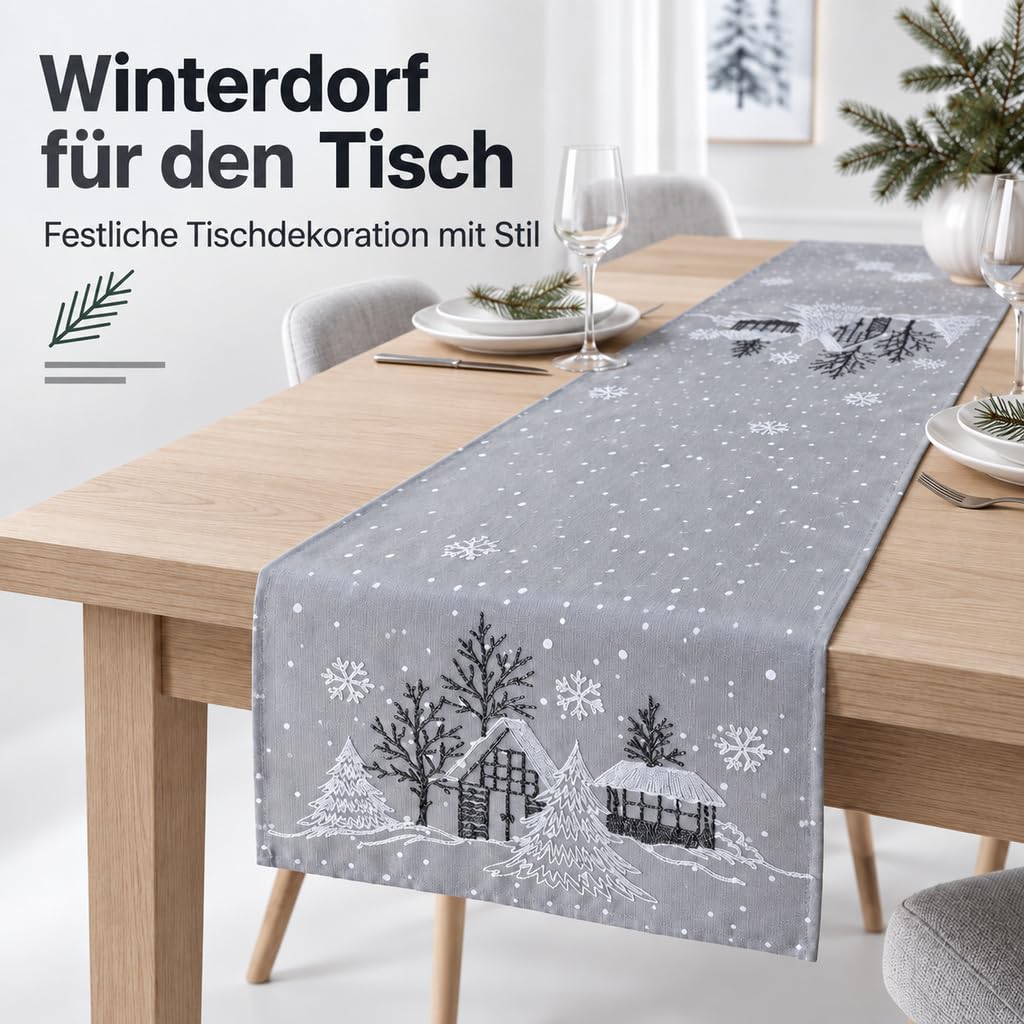 Texpot Tischläufer chemin de table Noël 85x40 cm gris village hiver