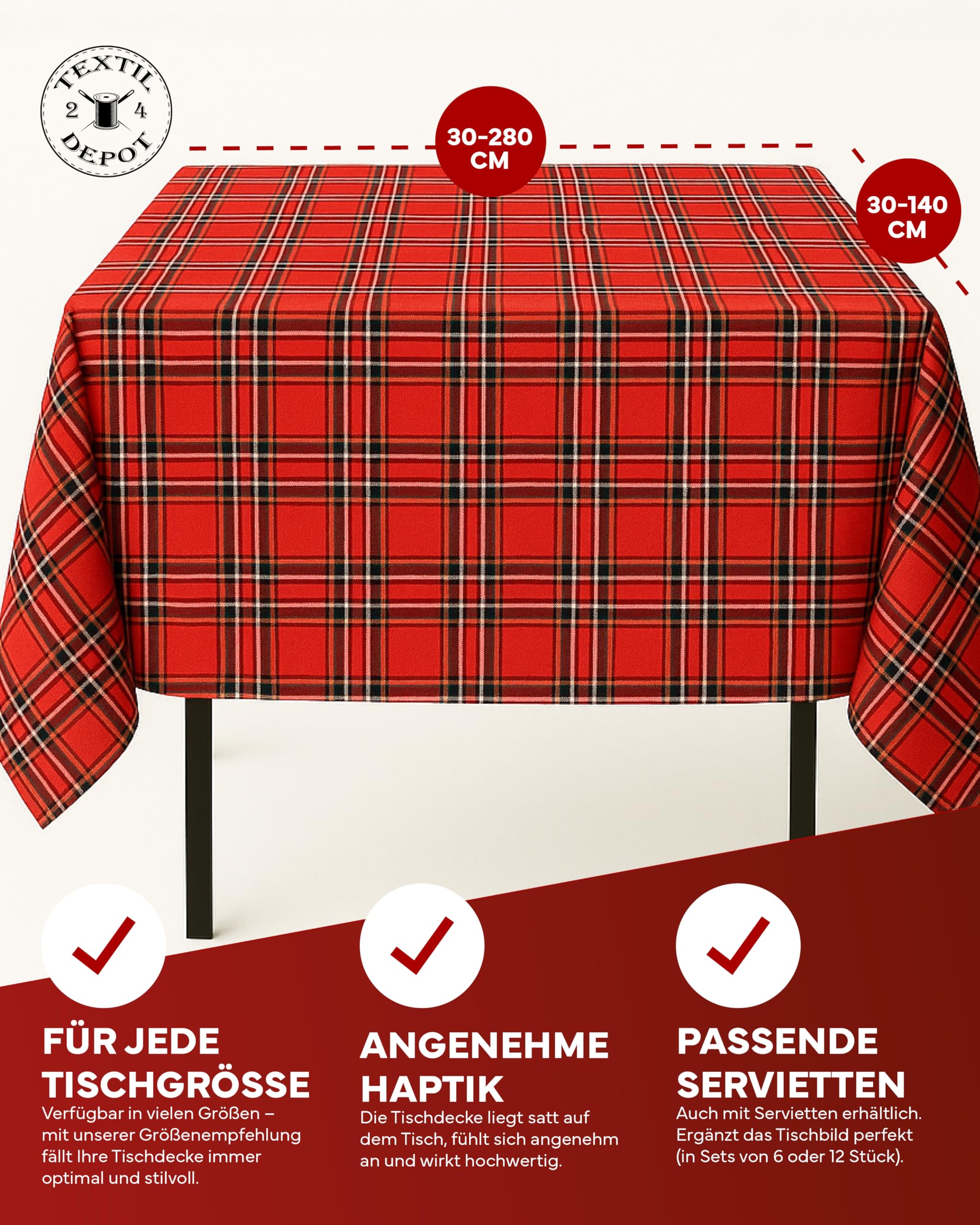 Texpot Tischdecken Nappe carreaux Rouge 140x140 cm