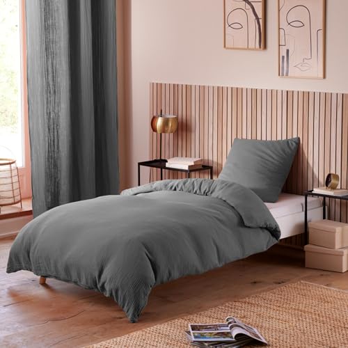 PROMO LINGE taies d'oreiller gaze coton anthracite 50x70 lot 2